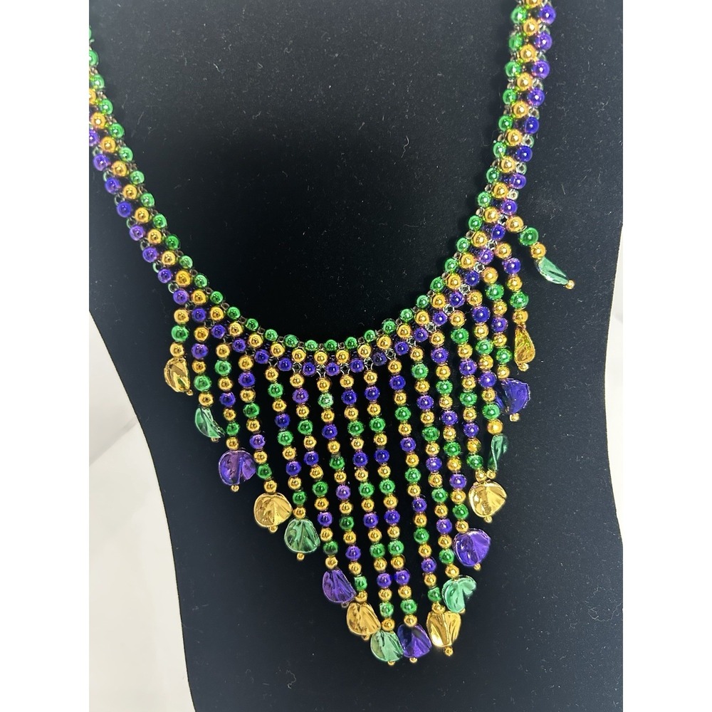 Mardi Gras Bead Choker‎ Bib Necklace Purple Green Gold Nola Party Statement 12"